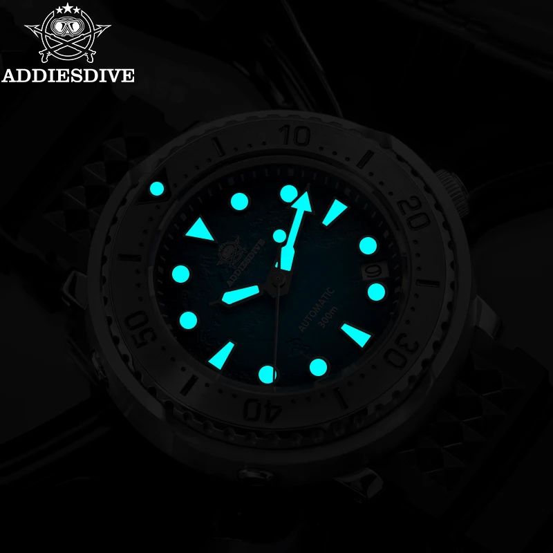 ADDIESDIVE-Relógio Mecânico Mergulho, mostrador azul gradiente, safira cristal, impermeável, Super data luminosa, moda, BGW9, 39mm