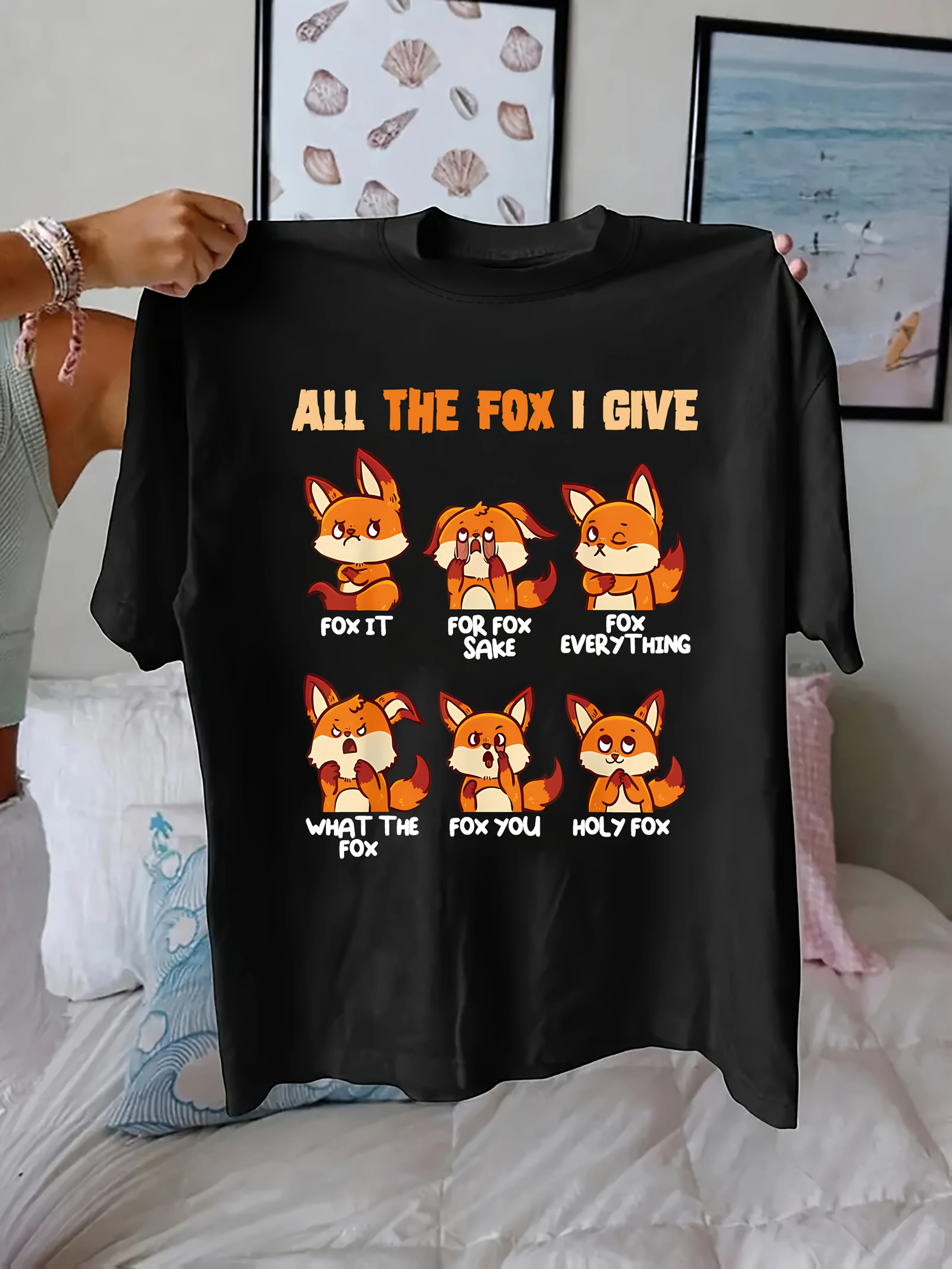 Women'S Funny Red Fox Print T-Shirt Casual Crew Neck Short Sleeve Top Regular Length All Seasons - Animal Pattern Clothing