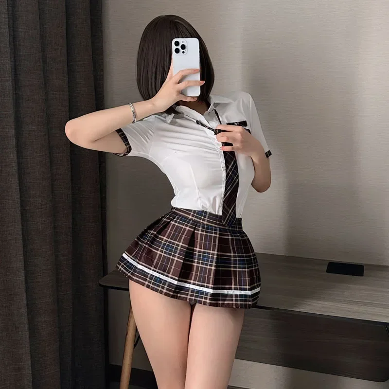 Japanese Anime JK Uniform Women Halloween Sweet Lolita Student Role Play Sexy Plaid Hollow Tops Skirt School Girl Lingerie Set