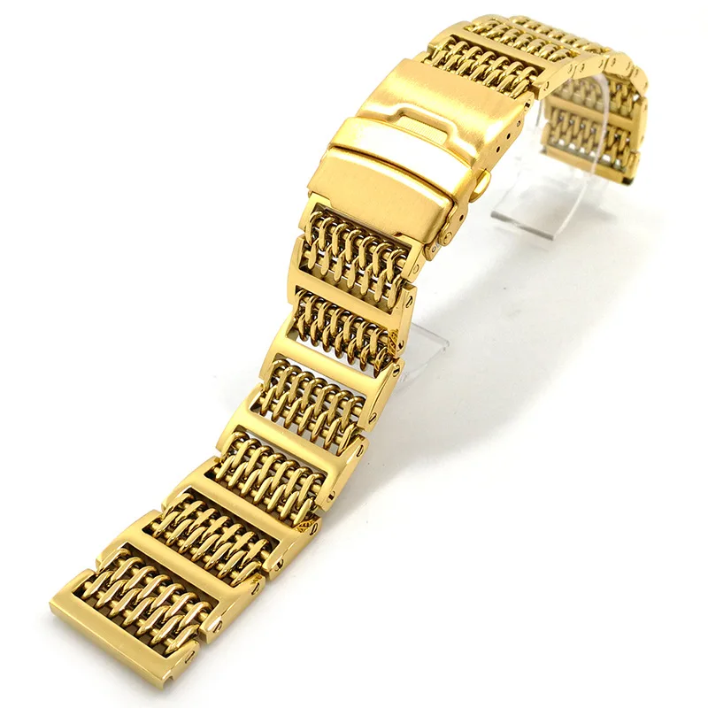 Silver PVD Black Shark Mesh Stainless Steel Watch Band Push Safety Buckle Men Strap 20mm 22mm 24mm Removable Bracelet