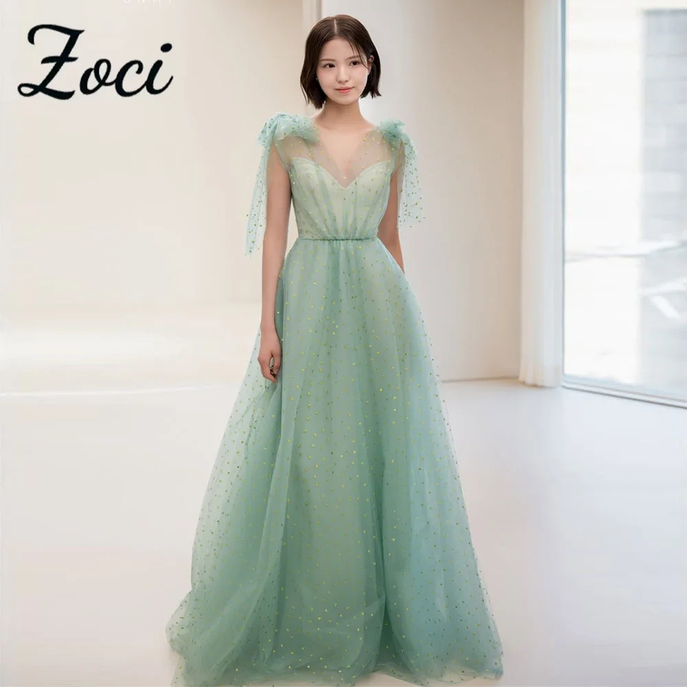 

Zoci Elegant V Neck Korea Wedding Dresses Fairy Doted Tulle Sage Green Photos Shoot Party Gowns Customized Draped Bride Dresses