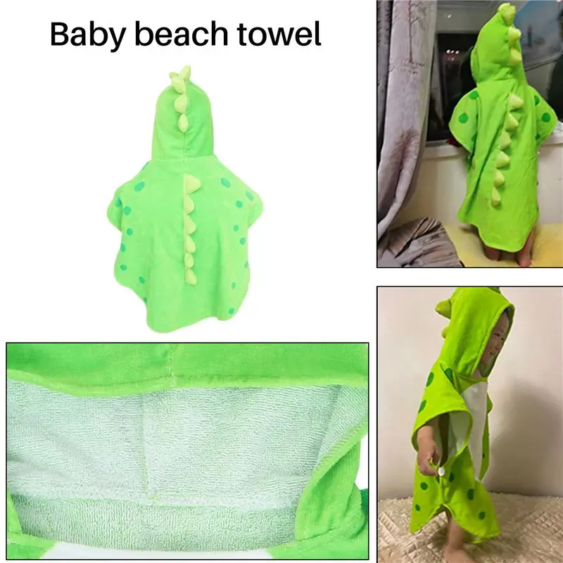 【A75U】 Children Bath Towel Robe Kids Hooded Beach Swimming Poncho Dinosaur Pattern(Green+White 55 Cm x 110 Cm)
