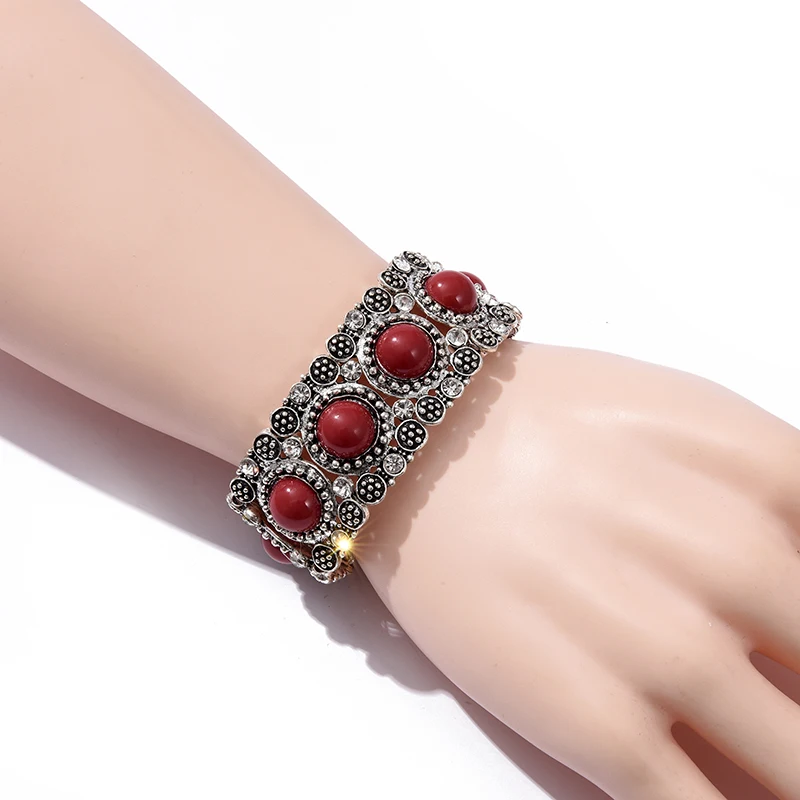 Fashion Boho Red Bead Elastic Bracelet & Bangle for Women Ethnic Vintage Silver Color Personality Bracelets Jhumka Jewelry Gift