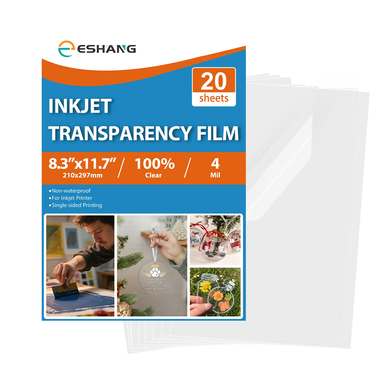 Inkjet Transparency Film 20 Sheets A4 for Overhead Projector, Clear Printable Paper for Crafts and Inkjet Printers