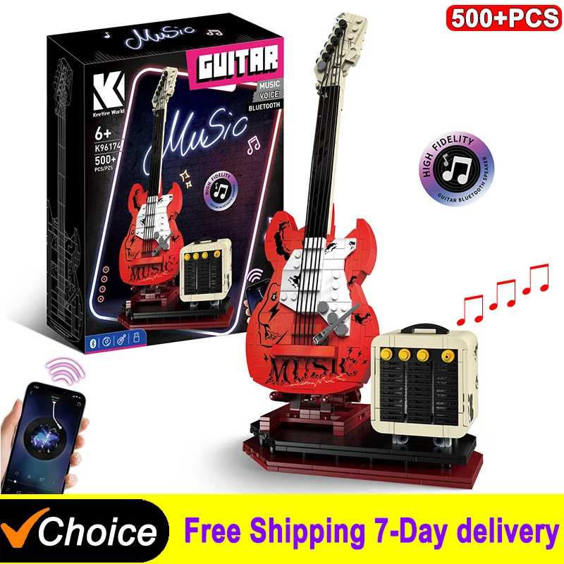 NEW Creative Decoration Electric Guitar with Loudspeaker APP Bluetooth Connect MOC Building Blocks Brick Toy Gift for Boys Girls