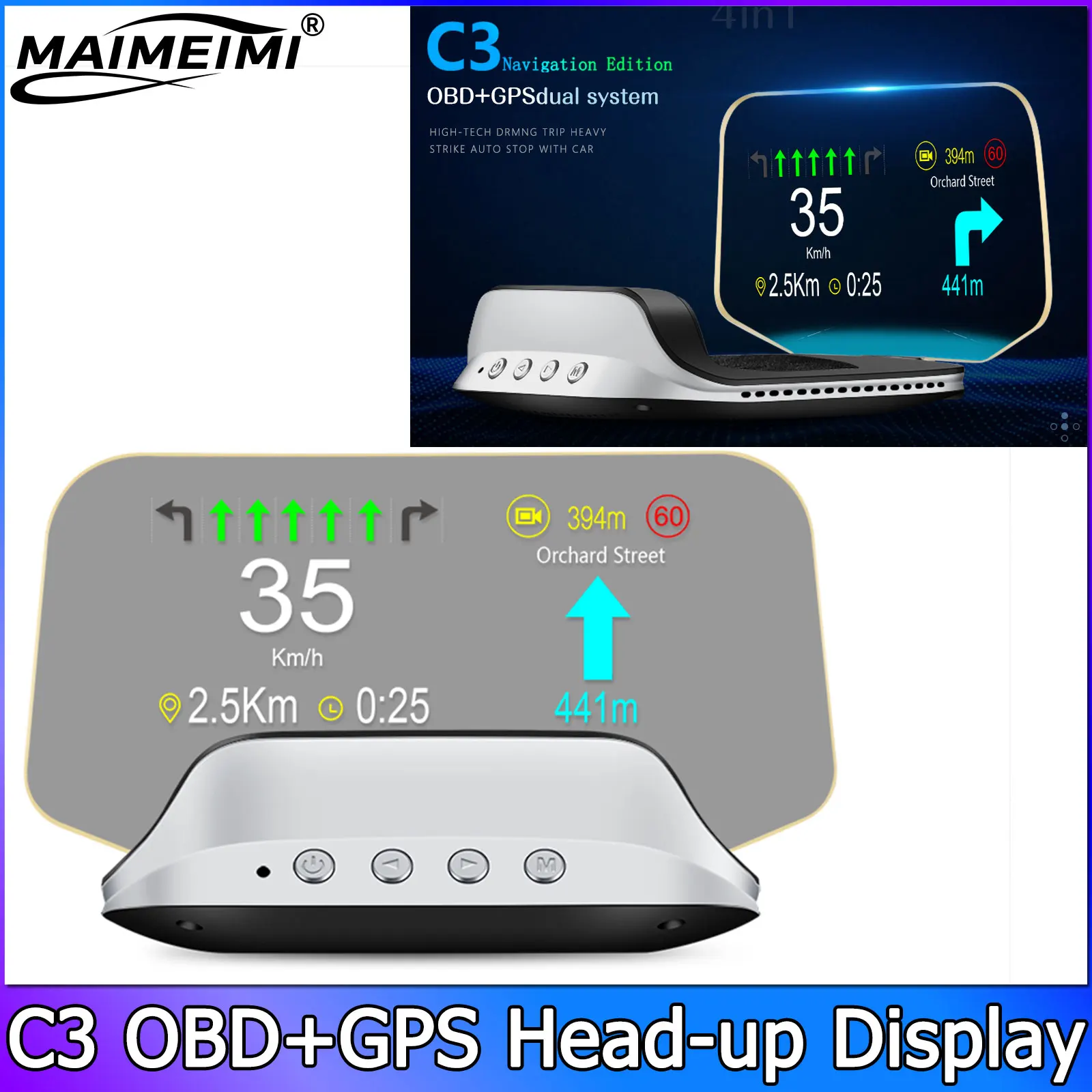 QC Navigation Projection C3 Car OBD2+GPS HUD Speedometer Water Temperature Voltage Clock RPM Overspeed Alarm Head-Up Display ﻿