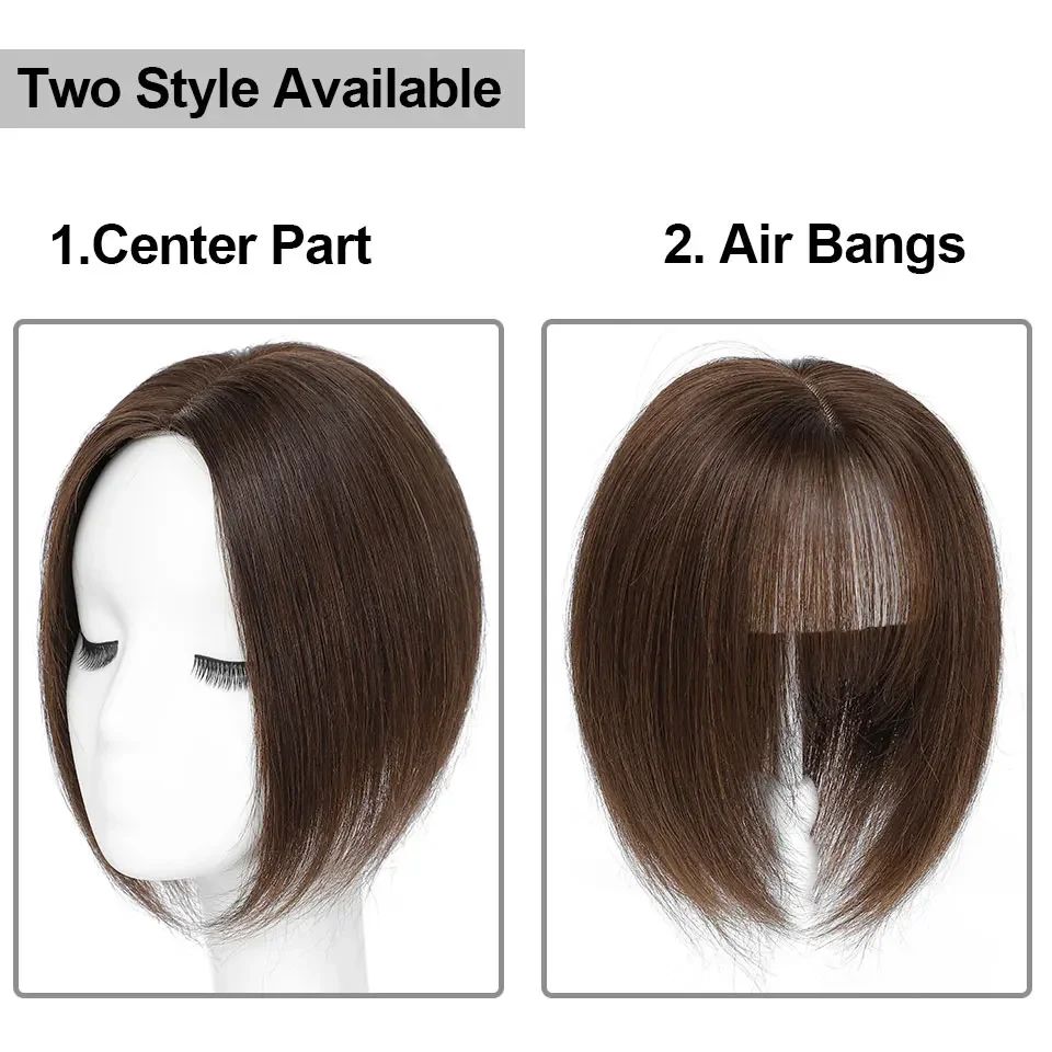 Skin Base Human Hair Topper With Bangs For Women Brown Toupee Hair Pieces Breathable Silk Base Clip in Topper Hair Extension