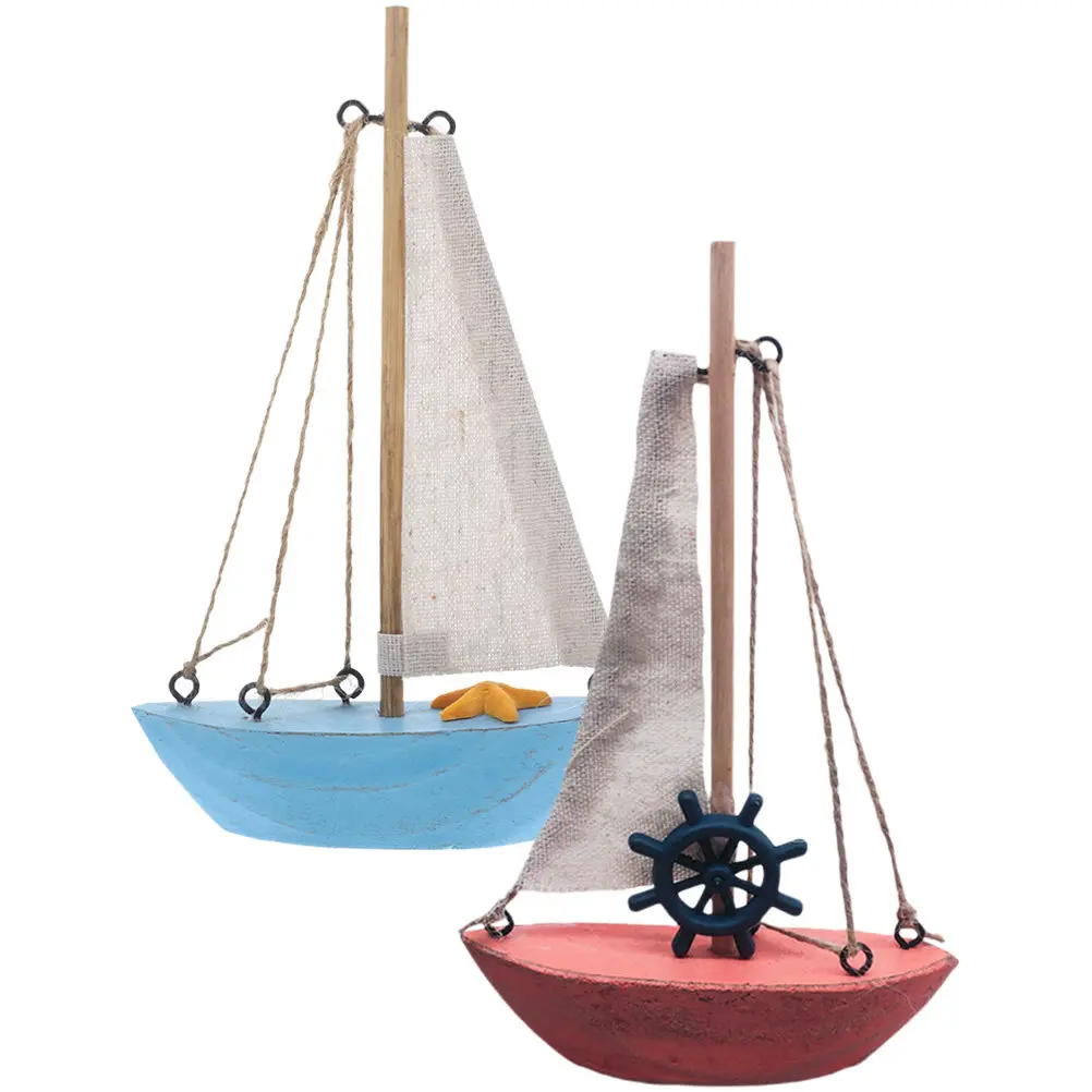 

2Pcs Wooden Sailboat Decor Mediterranean Style Miniature Sailing Ship Ornament Coastal Home Tabletop Decoration Nautical Party