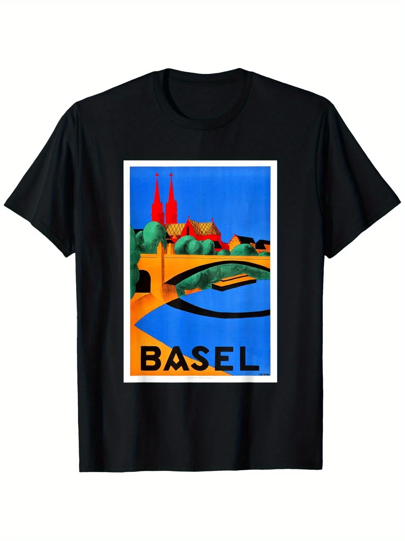 تي شيرت Basel Switzerland Vintage - قطن أسود، تي شيرت هدية للعطلات بمناظر طبيعية فنية للرجال