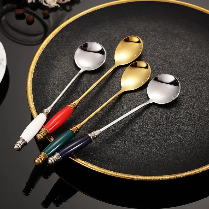 Creamic Handle 304 Stainless Steel Coffee Spoons Pretty Colors Tea Mixing Spoon Table Decorative Items Dessert Fruit Accessories