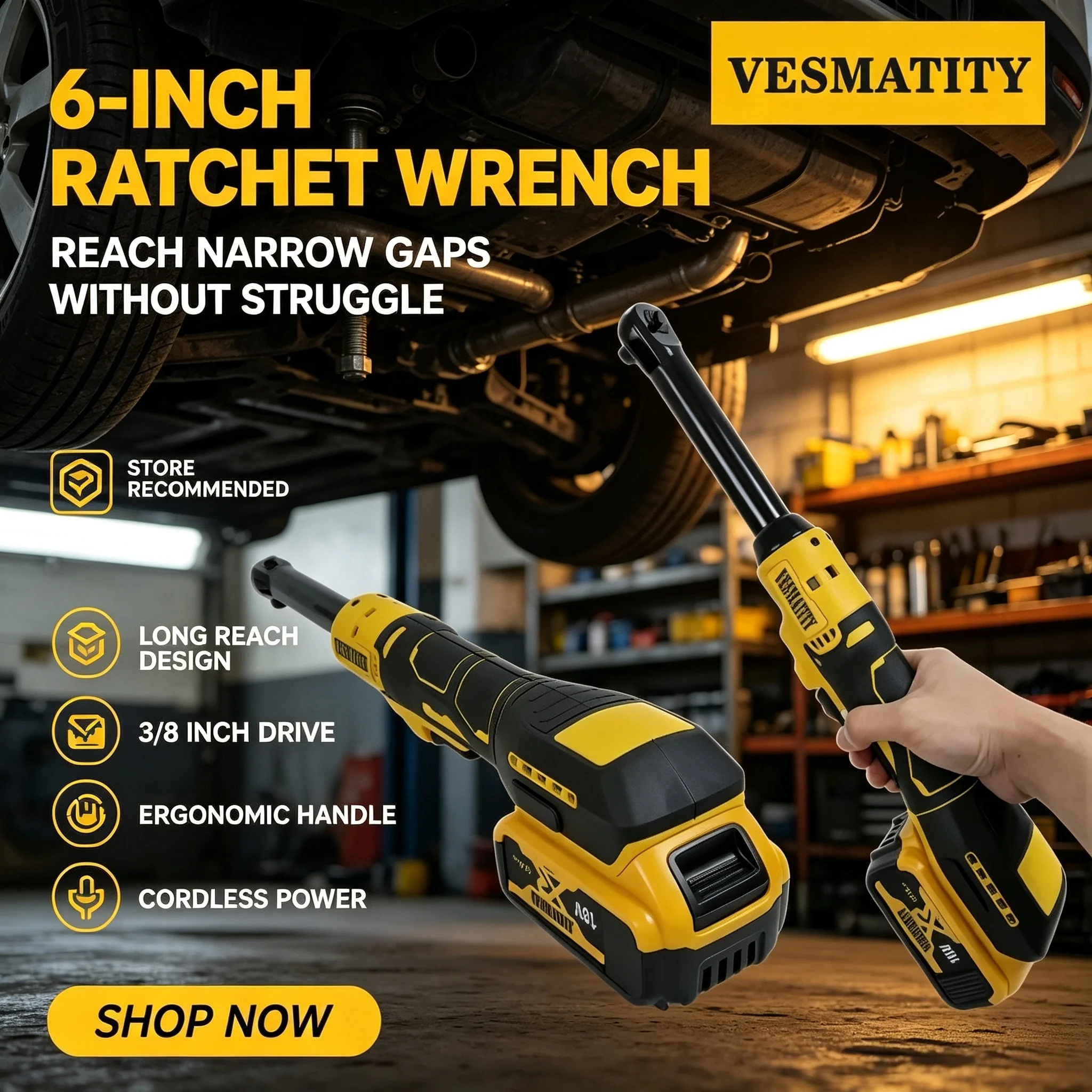 6-inch 3/8 Extension Head VESMATITY Professional Cordless Ratchet Wrench 220N.m Disassembly Nut Drive Tool Elite for 20V Battery