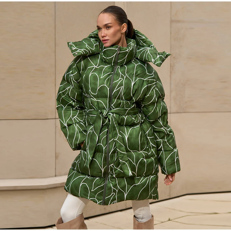 Leopard Print Hooded Puffer Women's Winter Coat Belted Waist Midi Length Padded Jackets for Woman Jacket Warm Streetwear