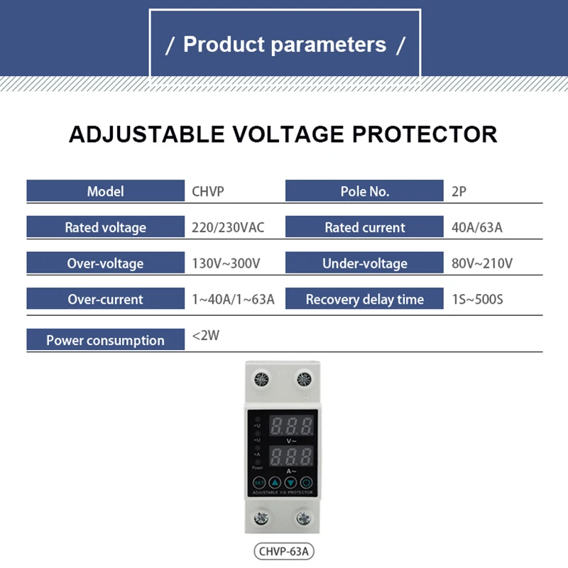 A Dual Display 40/63A 230V Din Rail Adjustable digital Over Under Voltage Relay Surge Protector Limit Over Current Protection