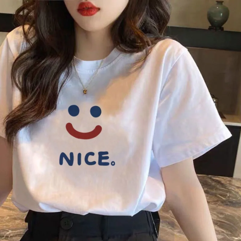 

Smiley Face Print Loose Short Sleeve T-Shirt Women Summer Candy Color INS Bloggers Anti-Aging Top Cotton Crew Neck T-Shirt