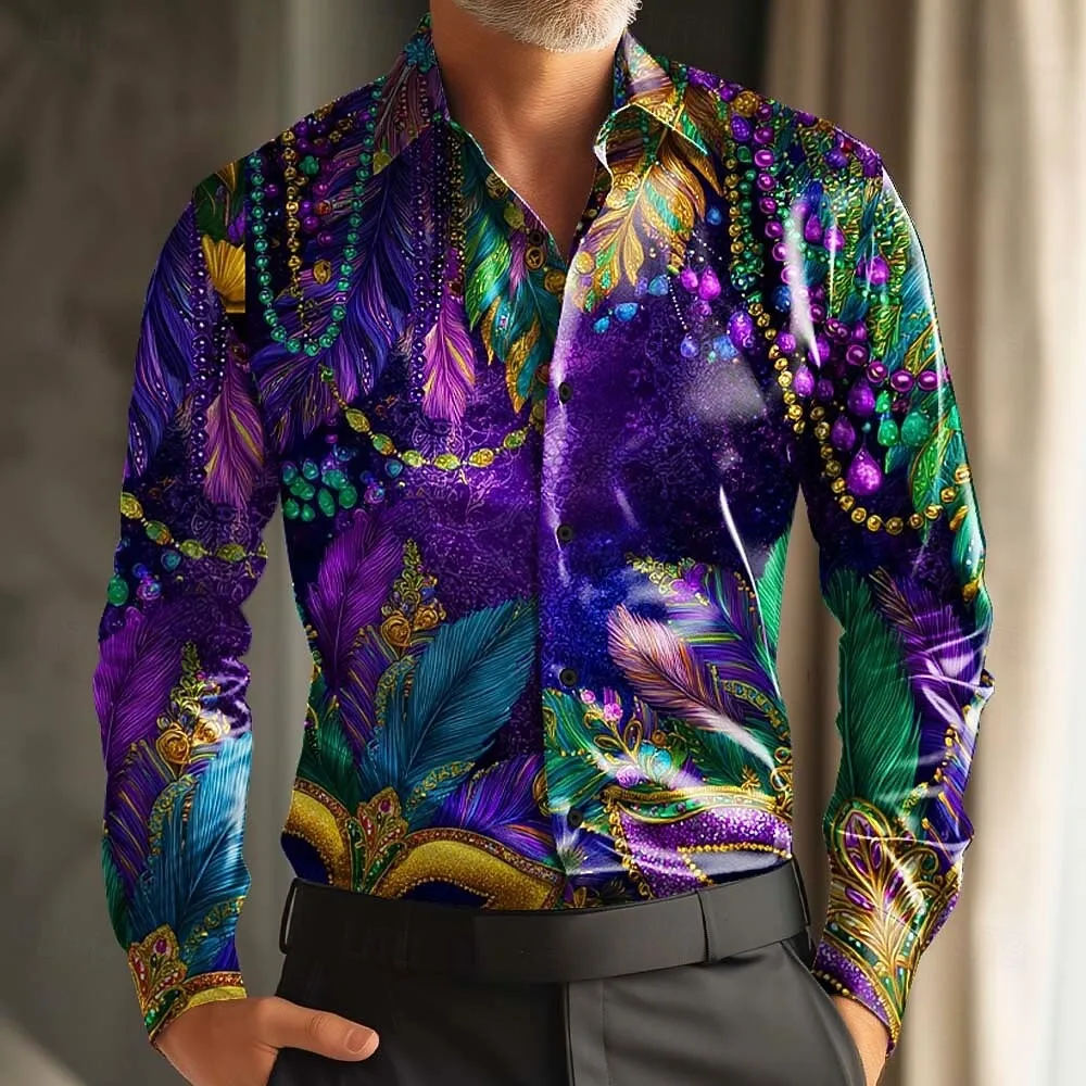 Men Long Sleeve Shirt Feather Rhinestone‑effect Print Turn‑down Collar Button‑up Glossy Casual Party Vacation Top