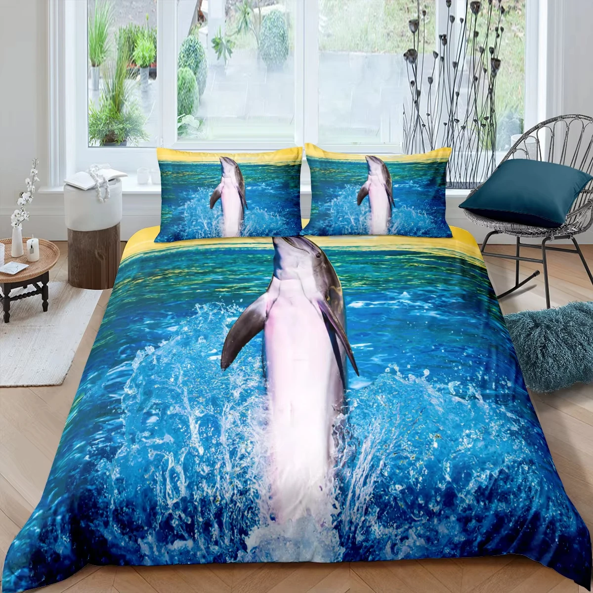 Cute Dolphin Twin Queen Duvet Cover Set Cartoon Dolphin Bedding Set Ocean Animal Comforter Cover Mediterranean Style Quilt Cover