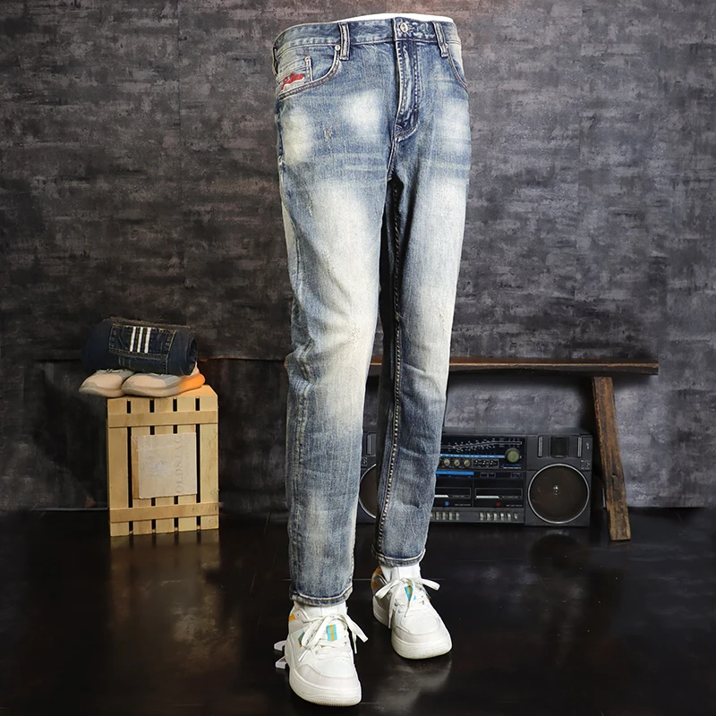 Fashion Vintage Men Jeans High Quality Retro Blue Stretch Slim Fit Ripped Jeans Men Trousers Embroidery Designer Pants Hombre