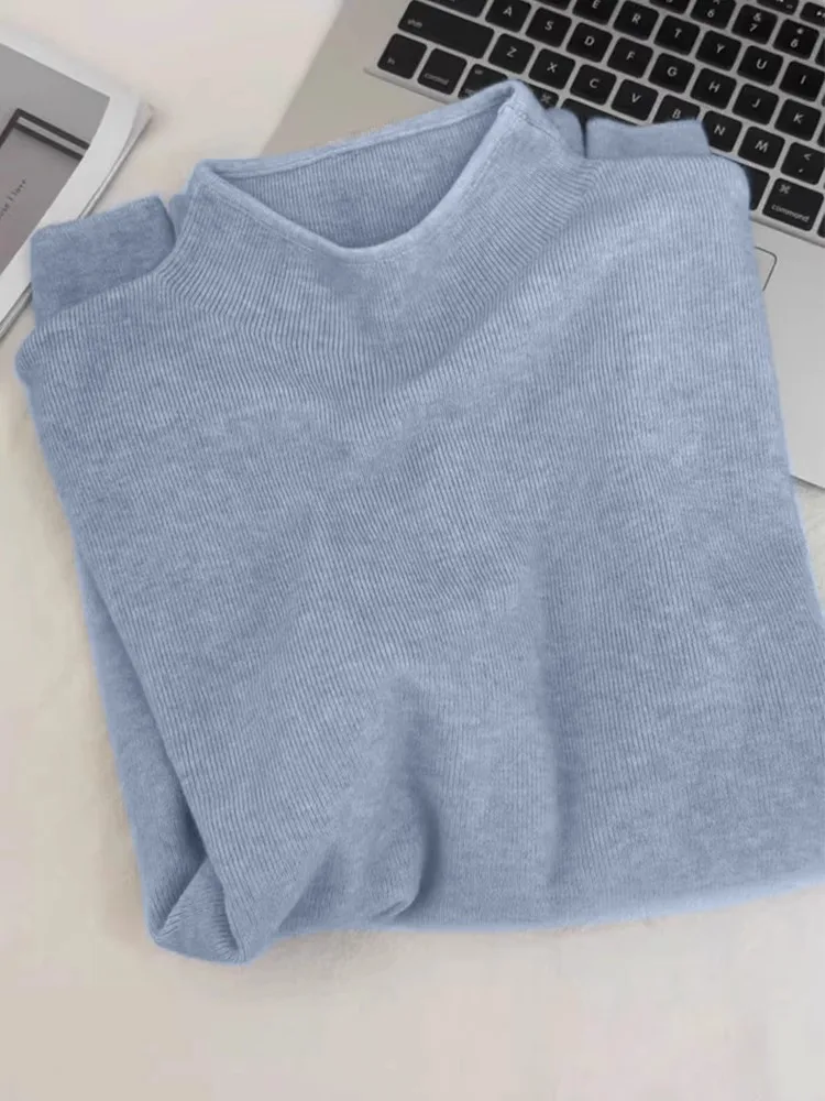 بلوزة صوفية محبوكة فضفاضة بأكمام طويلة للنساء، تصميم جديد لخريف وشتاء، سترة زرقاء بياقة نصف عالية