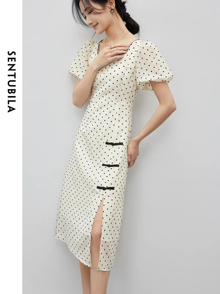 SENTUBILA Women Flocking Polka Dot Summer Dresses Female 2024 Vintage Square Collar Split Midi Dress Woman Clothes 142L55044