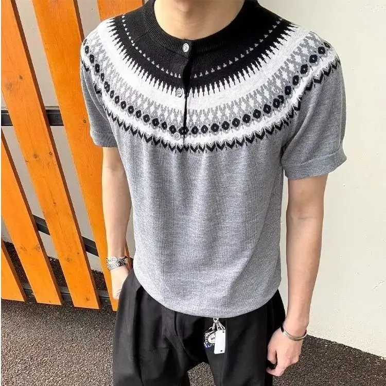 

Knitted Sweater Short-sleeved Men's High-end Straight-shoulder Collar T-shirt
