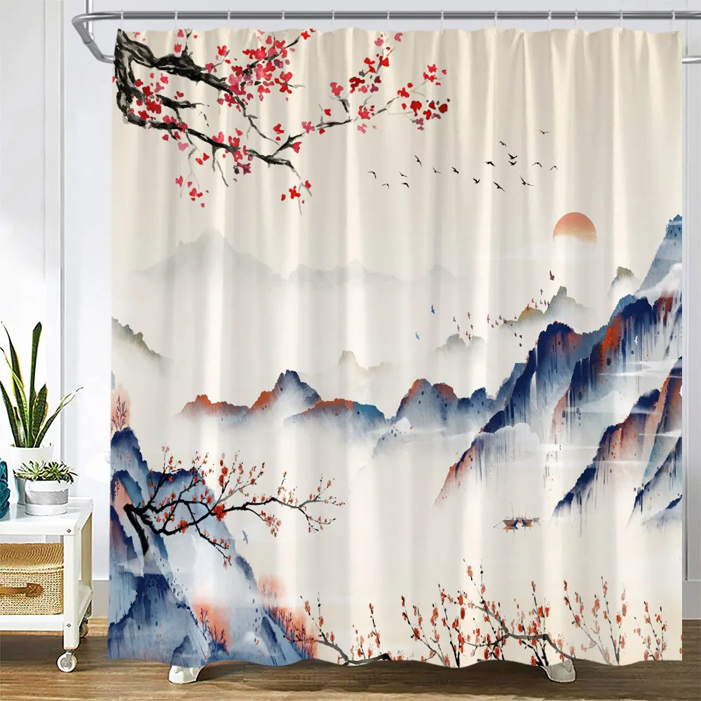 Ink Plant Flowers Shower Curtain Red Plum Japanese Cherry Blossom Bath Curtains Watercolor Print Modern White Bathroom Decor Set