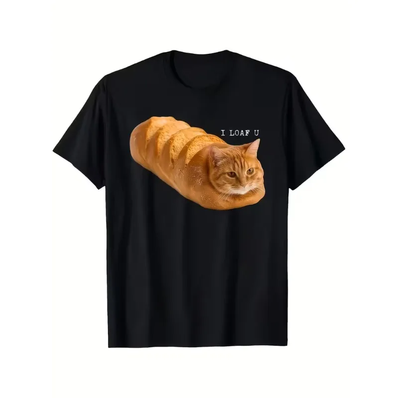 Funny Letter Bread Cat Graphic T-Shirt Men Women Casual Crew Neck Short Sleeve Top Cute Orange Cat Humorous Design Daily Wear