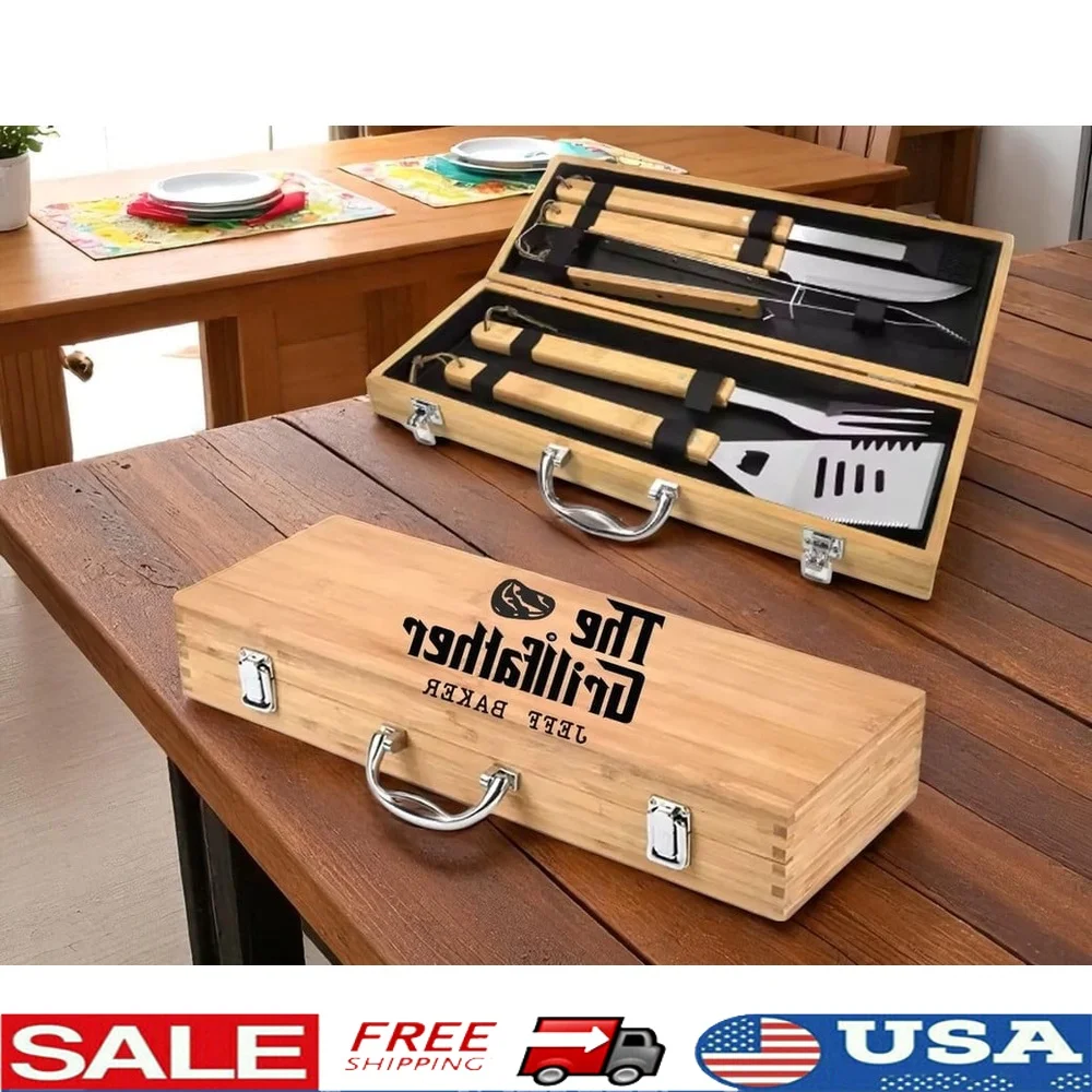 

Engraved Wooden BBQ Set 5-Piece Custom Grill Tools Perfect Gift Father's Day Weddings Housewarmings Durable Eco-Friendly