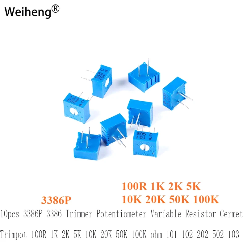 10pcs 3386P 3386 Trimmer Potentiometer Variable Resistor Cermet Trimpot 100R 1K 2K 5K 10K 20K 50K 100K ohm 101 102 202 502 103