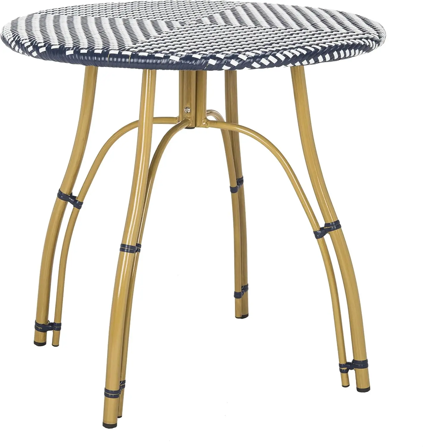 Outdoor - Bistro Side Table - Navy & White - Faux Wicker & Aluminum Frame - Parisian Round Bistro Design - Ideal for Patio, Deck, Sunroom, Dining Area, 31.5