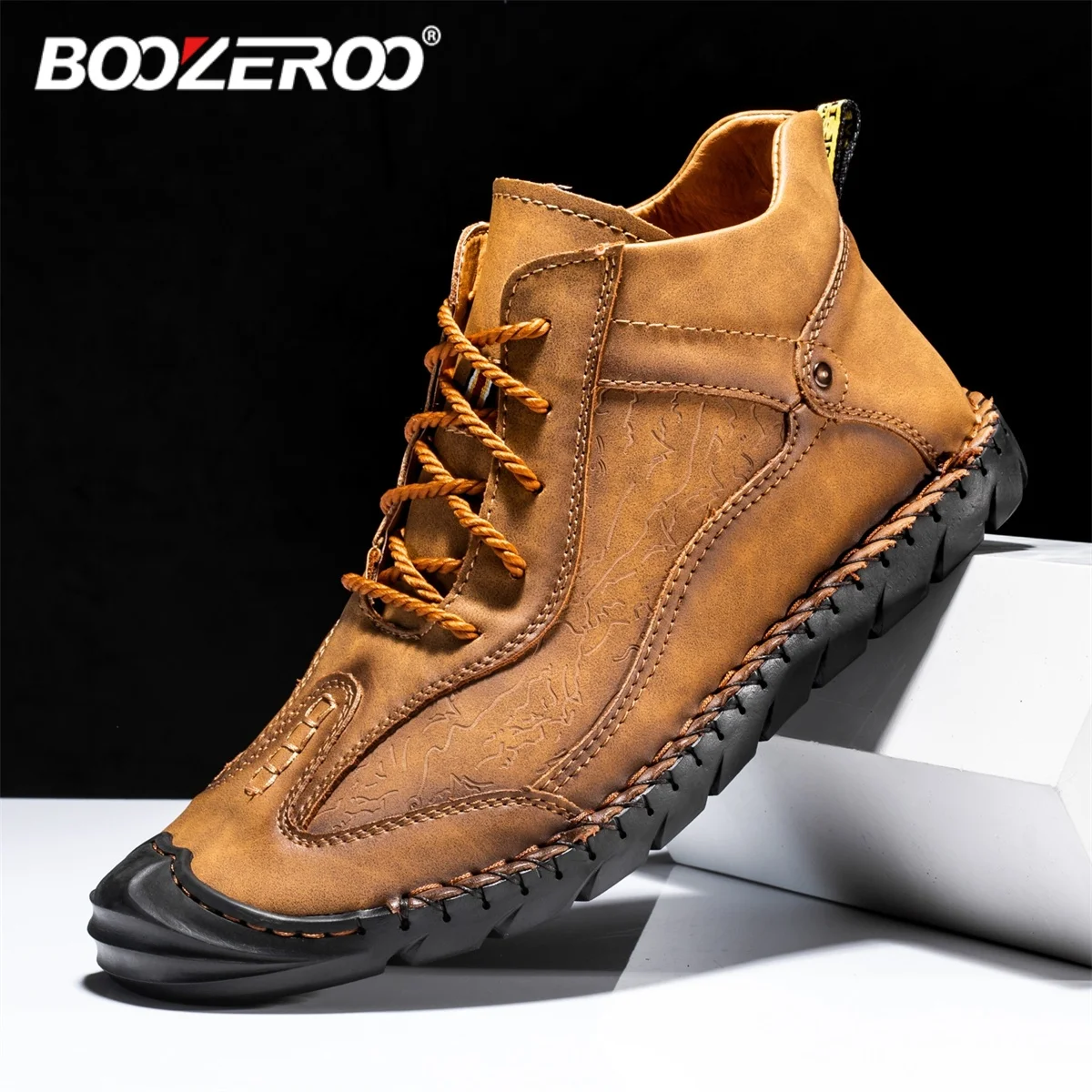 BOOZEROO-mocasines hechos a mano para hombre, zapatos informales de cuero suave, botas impermeables antideslizantes, a la moda