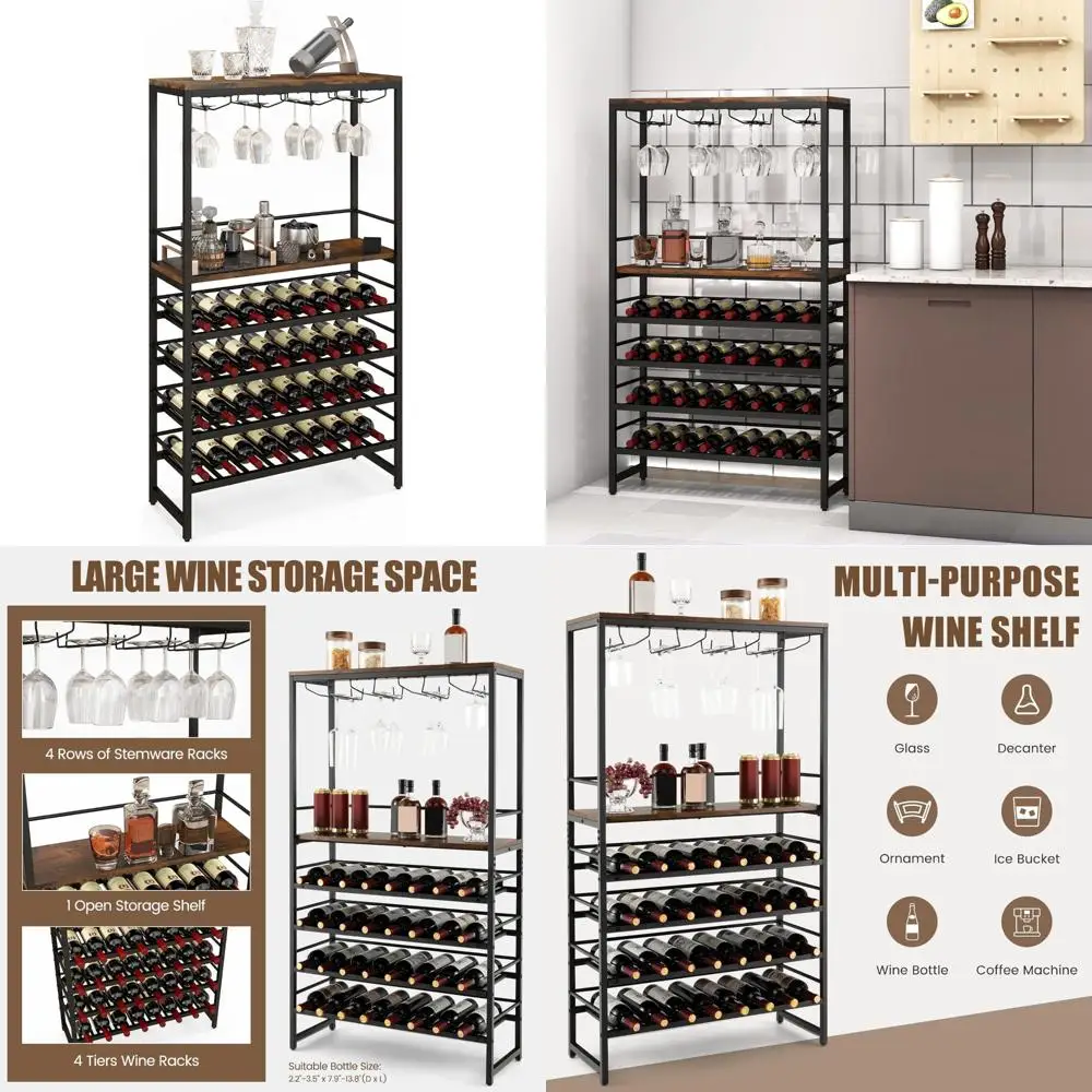 Wielopoziomowy stojak na wino z miejscem na 32 butelki i 16 kieliszków, funkcjonalny stojak ekspozycyjny
