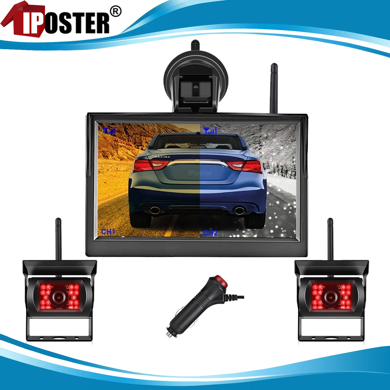 

iPoster Digital Wireless Backup Cameras FHD 1080P 18 IR Night Vision Waterproof 5" Split Monitor For Caravan Motorhome