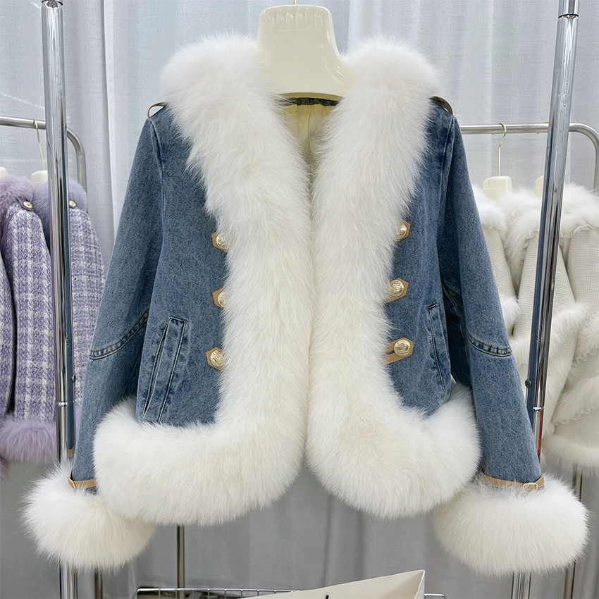 

Korean Winter Women's Denim Coats With Natrual Real Fox Fur Collar White Goose Down Jackets Women Fashion Luxury Female Outwear