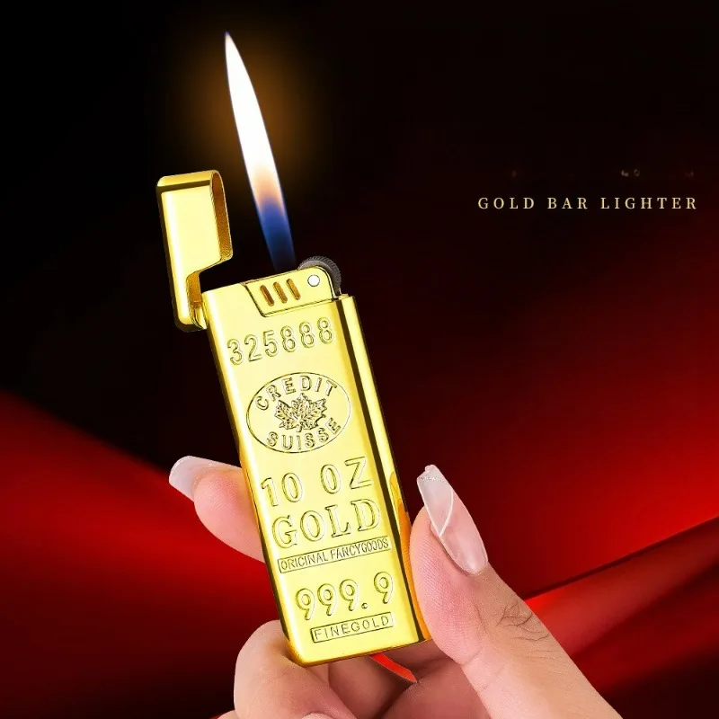 Ultra Thin Gold Bar Design Windproof Open Flame Butane Gas Lighter Classic Grinding Wheel Ignition Outdoor Portable Igniter 8mm - Image 2
