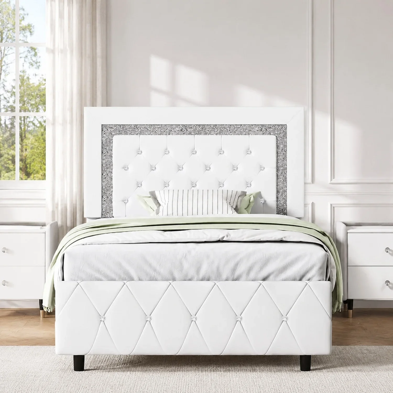 USA Stock Twin Size Bed Frames, Upholstered Bed With Diamond Headboard, White | Faux Leather Bed With Diamond Tufted Design, Pri
