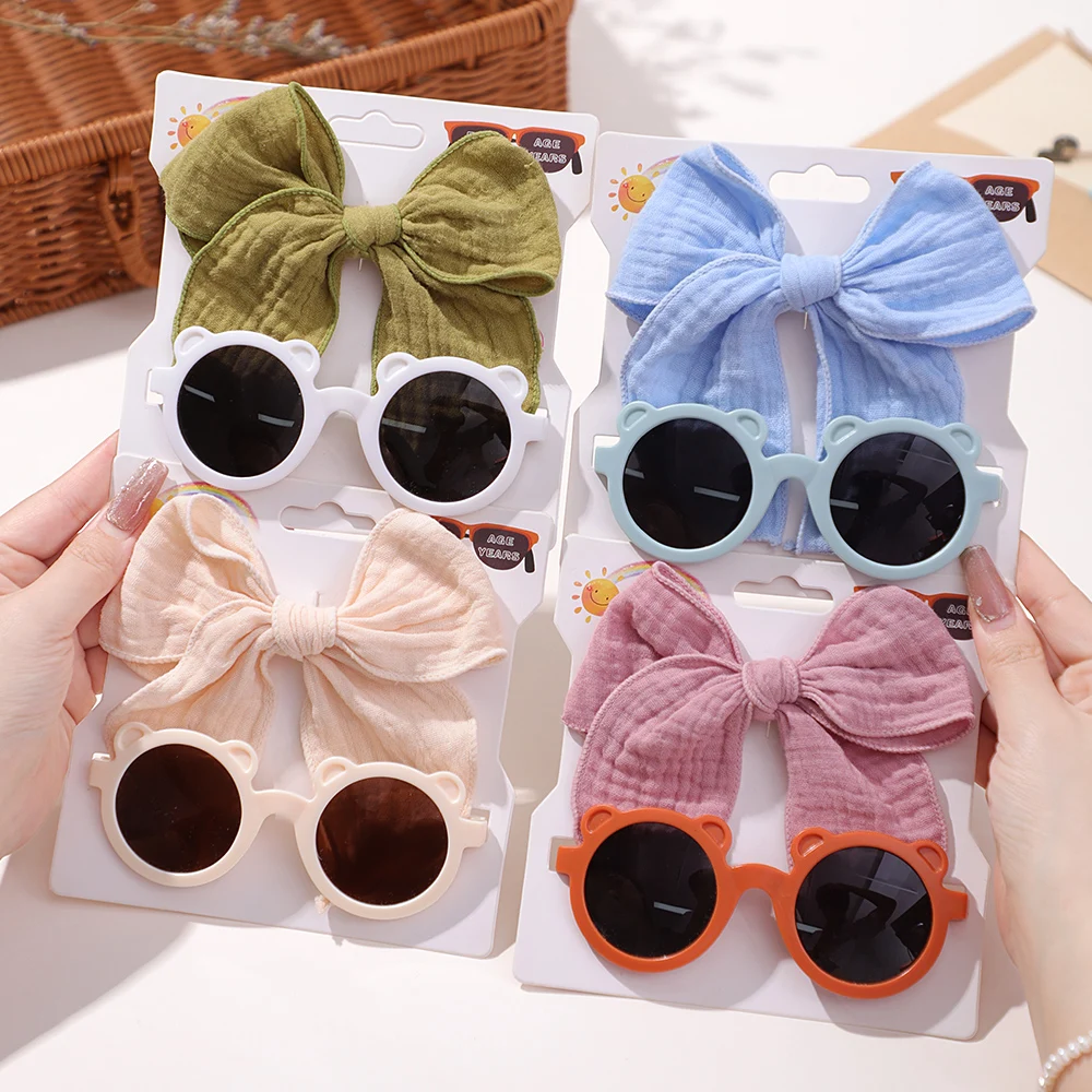 

2Pcs/set Cute Girl Big Bow Hairclips Retro Sunglasses for Kids Printing Handmade Hairgripes Kids Headwear Glasses Accessories