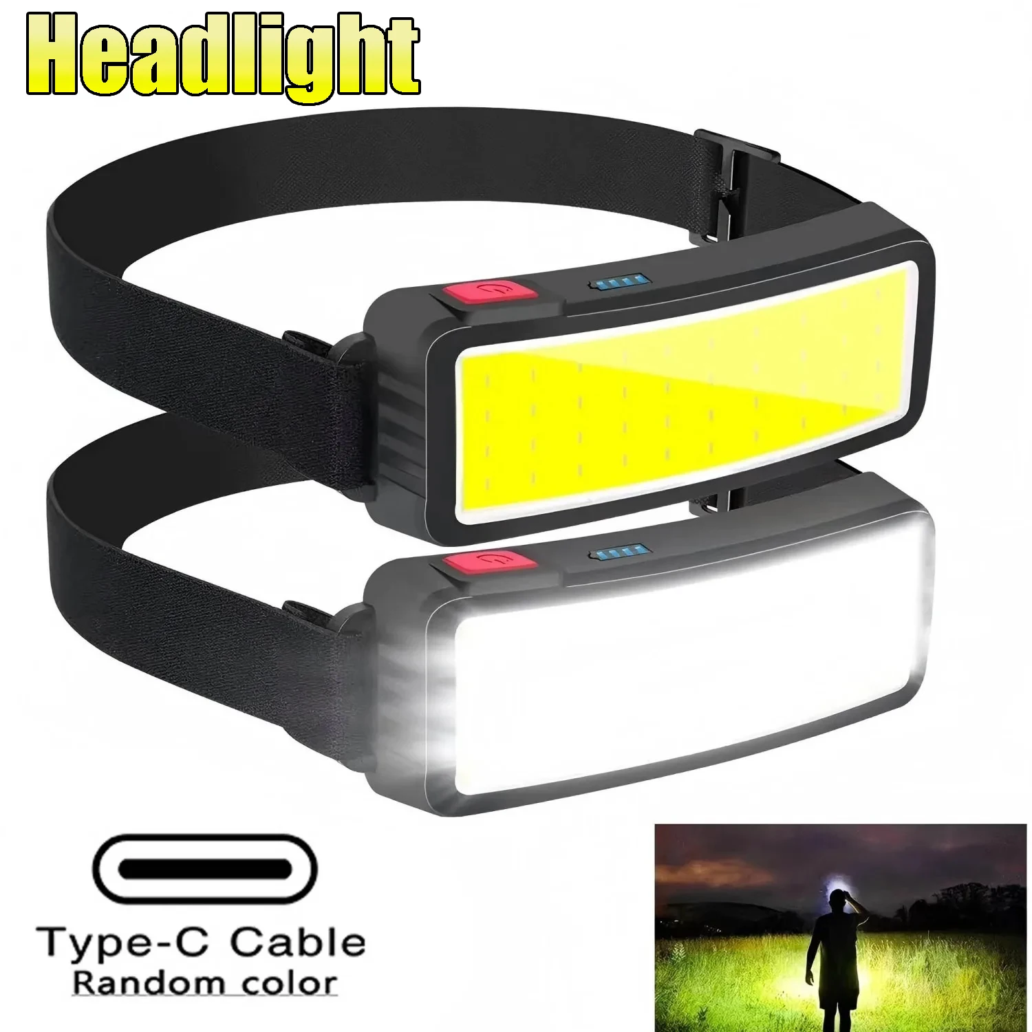 Powerful COB Headlamp Portable Rechargeable Head Flashlight Built-in Battery Outdoor Fishing Camping Lantern Waterproof Torch