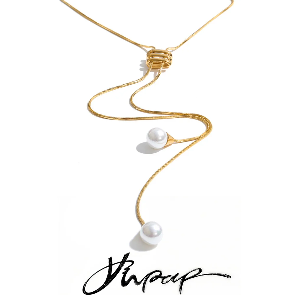 Yhpup Stainless Steel Simulated Pearls Round Long Chain Necklace for Women Summer Trendy Chic Jewelry