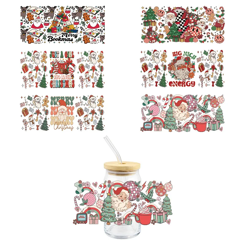 

Christmas UV DTF Wrap Transfer Stickers Santa Claus Blue Design DTF Wrap For Glasses Cups Mugs Bottles Waterproof Decal