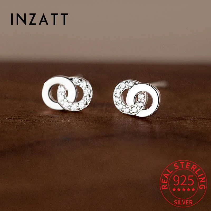 INZATT Real 925 Sterling Silver Hollow Round Zircon Stud Earrings For Women Classic Fine Jewelry Minimalist Accessories Gift