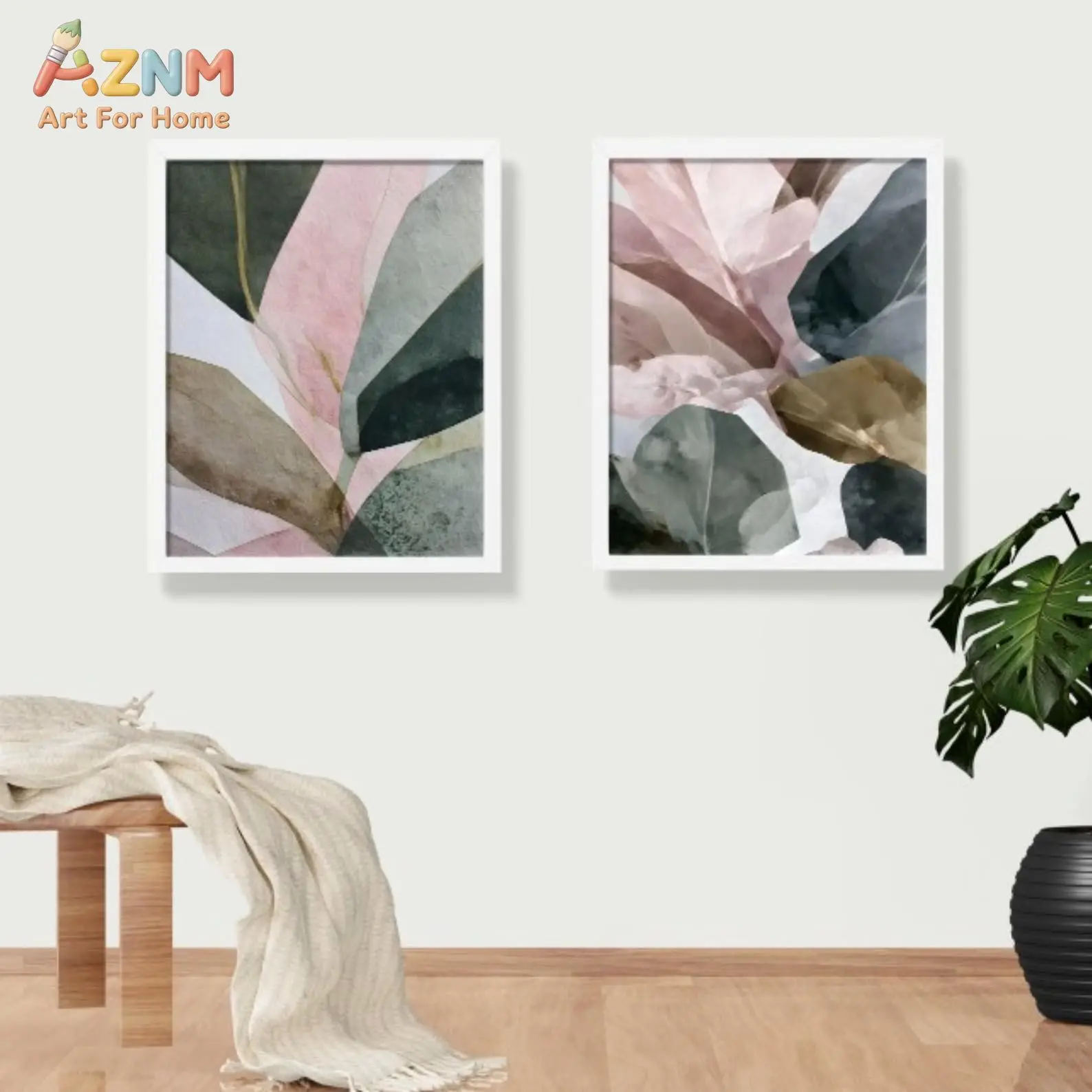 Ensemble de 2 tableaux muraux botaniques couleur sauge, impressions abstraites neutres, texture douce et superposée, décoration de chambre scandinave