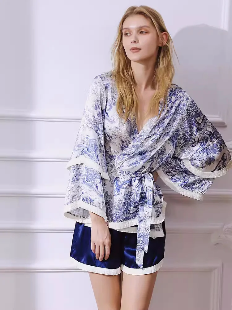 

Print Mulberry Silk Women's Kimono Pajama Shorts Set Tassel Trim Sleepwear Home Pijama Bell Long Sleeve Night Wear Loungewear