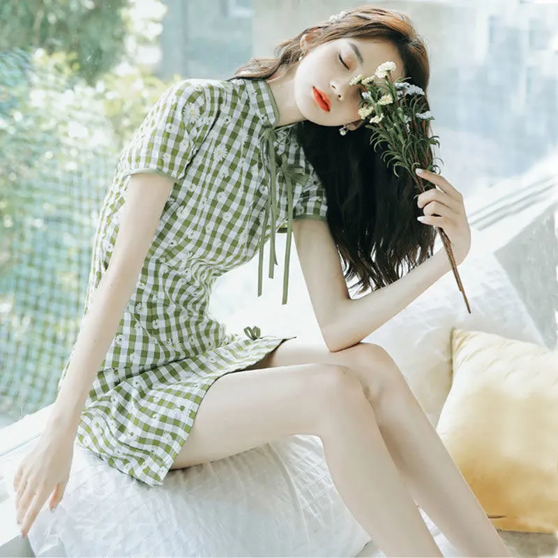 

Women Short Sleeve Green Plaid Cheongsam Floral Vintage Dress Bow Tie Girl Costumes Traditional Qipao S To 4XL