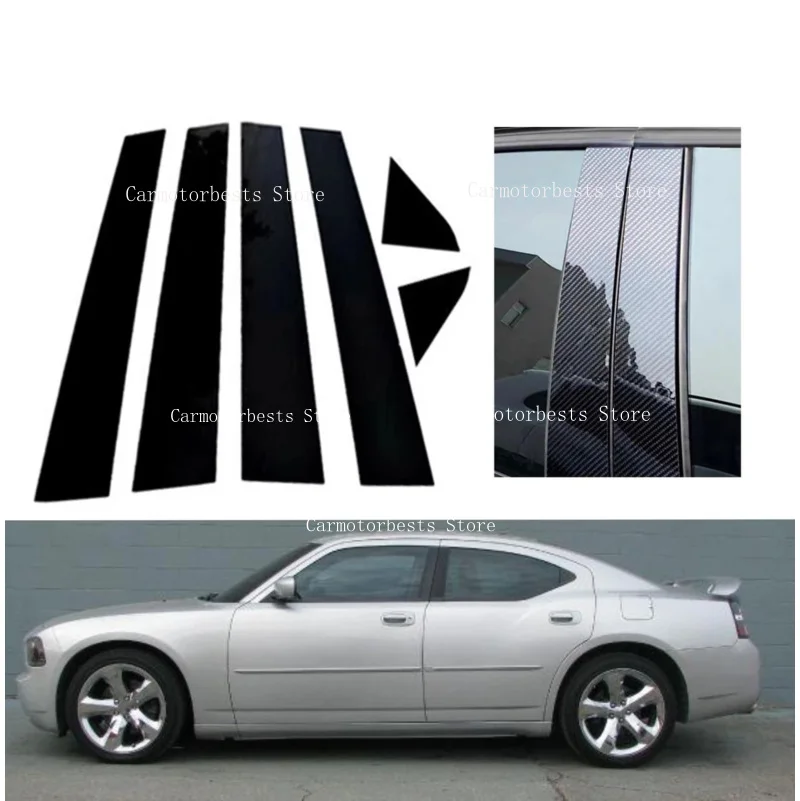 6Pcs Silver Carbon Pillar Posts Fit For Dodge Charger 2006 2007 2008 2009 2010 Door Window Trim Cover Stickers
