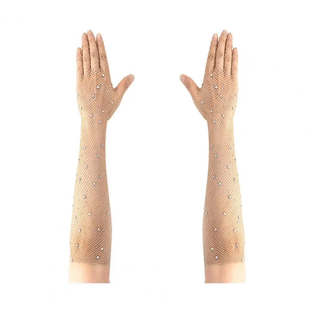 Fancy Fishnet Gloves Sparkly Rhinestone Fishnet Gloves for Women Mesh Elbow Length Gloves for Rave Party Halloween Costume