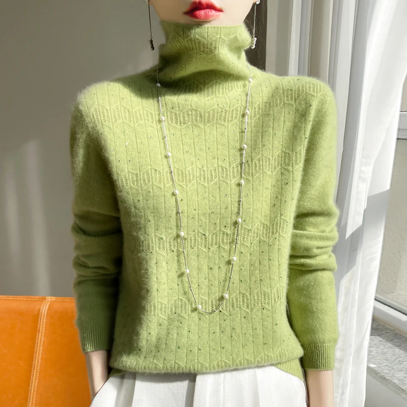 100% Merino wool sweater solid color hollow high neck autumn and winter new ladies knitted cashmere sweater top.