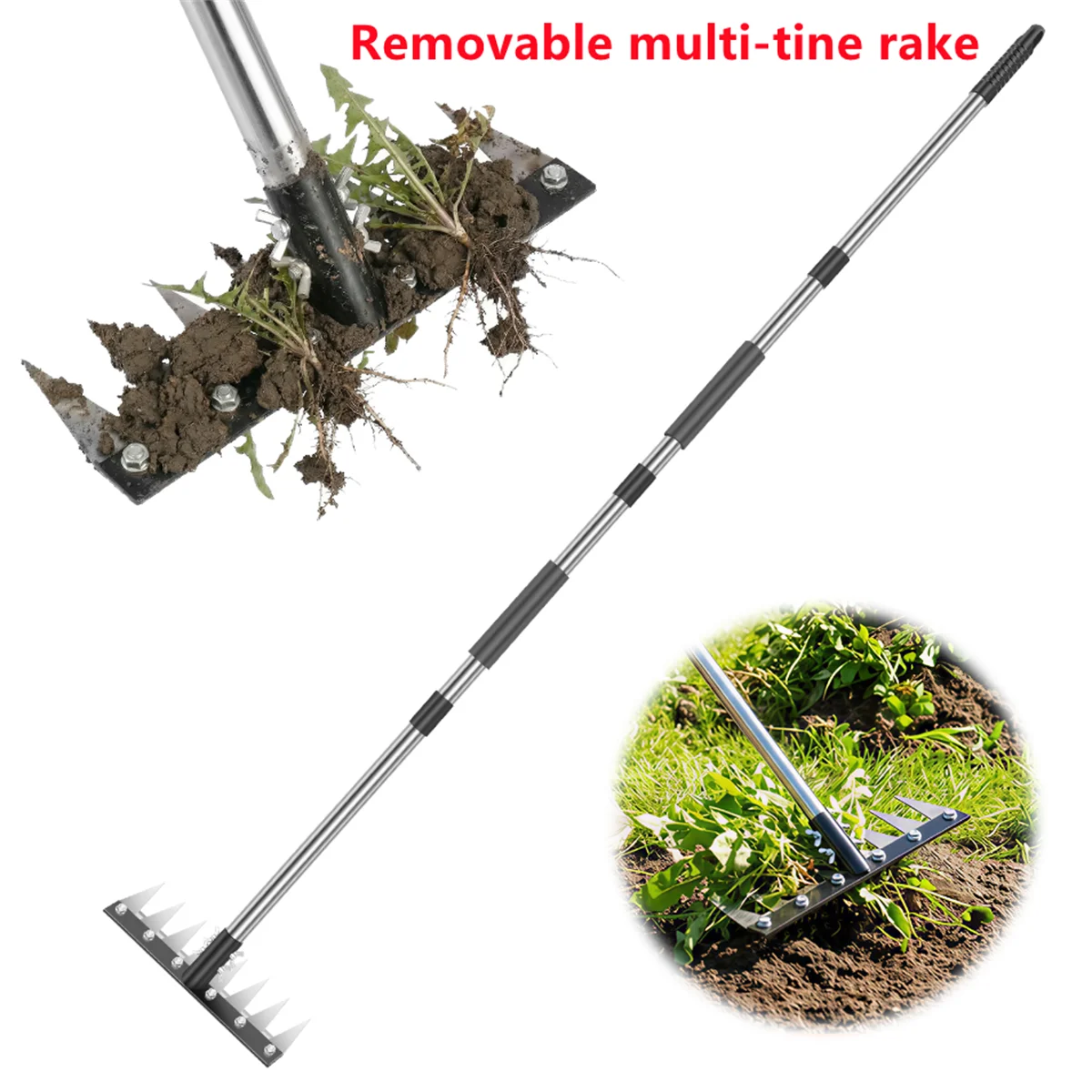 Heavy Duty Garden Weeding Rake with 8 Sharp Manganese Steel Teeth Adjustable Stainless Steel Handle for Soil Loosening Weeding