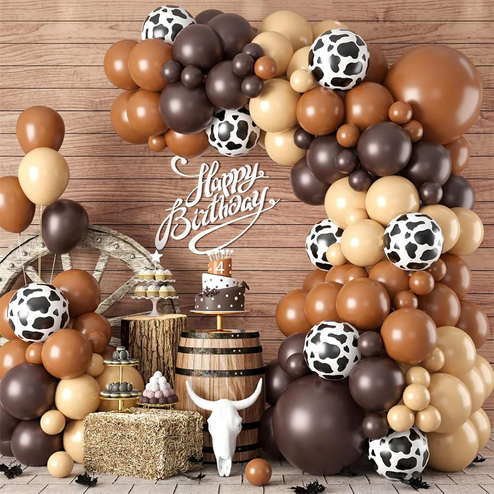 

102pcs Western Balloons Arch Kit Nude Brown Apricot Tan Farm Balloon with Cow Print Balloon for Cowboy Farm Birthday Party Decor