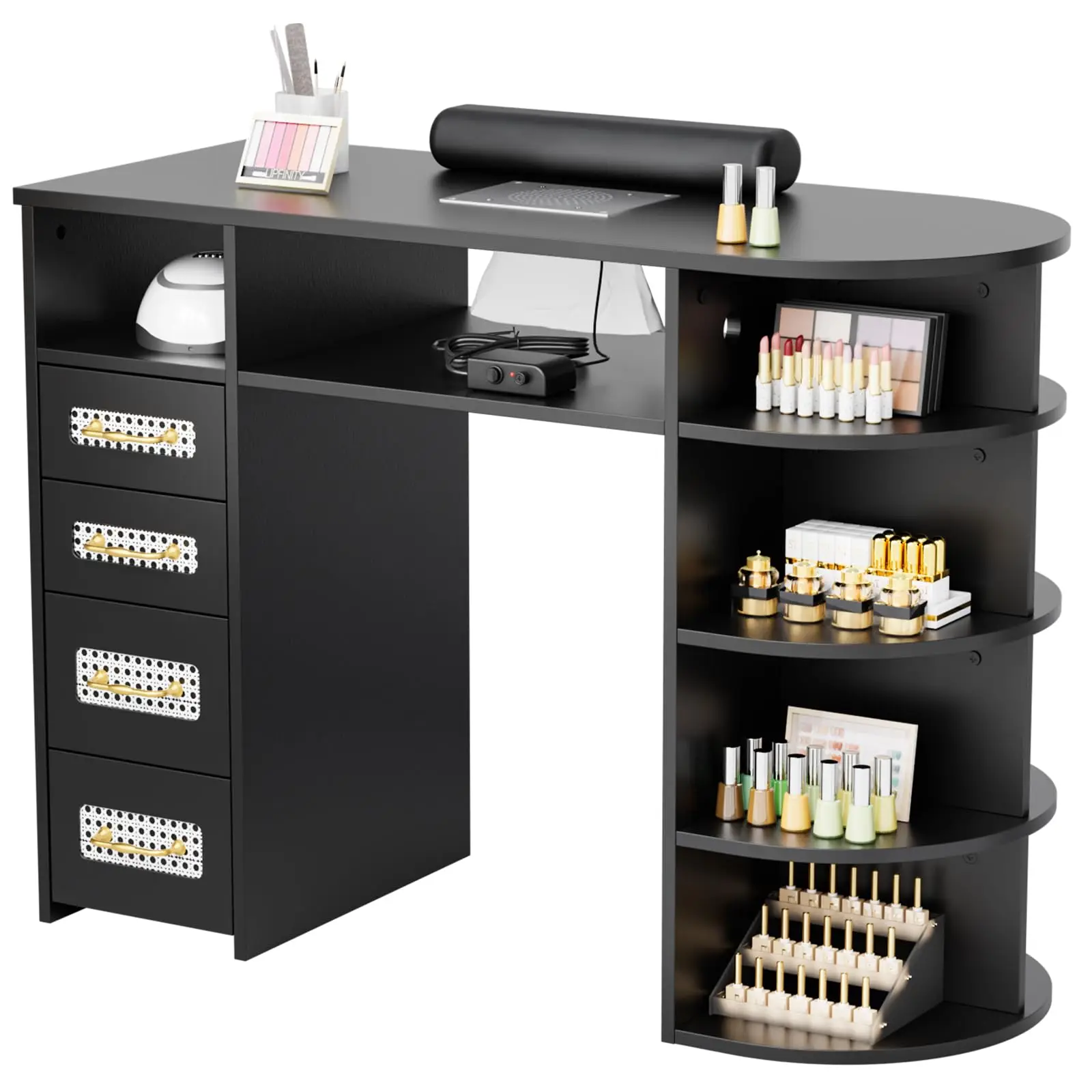 Nail Desk for Nail Tech with Electric Dust Collector – Rattan Manicure Table, Professional Salon Station with Display