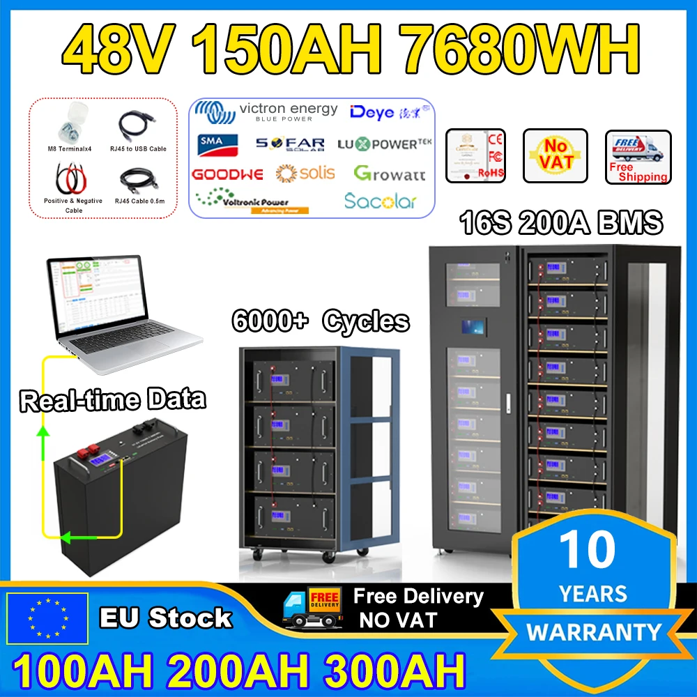 

48V 150Ah LiFePO4 Battery 100Ah 200Ah 51.2V Built-in 16S 200A BMS RS485 CAN 6000+ Cycles Max 32 Parallel 10 Years Lifespan